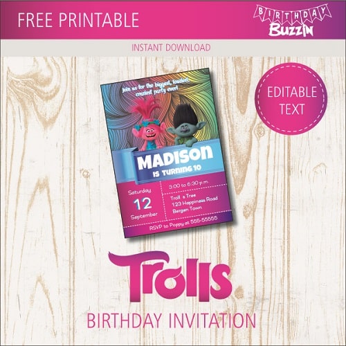 Free printable Trolls birthday party Invitations