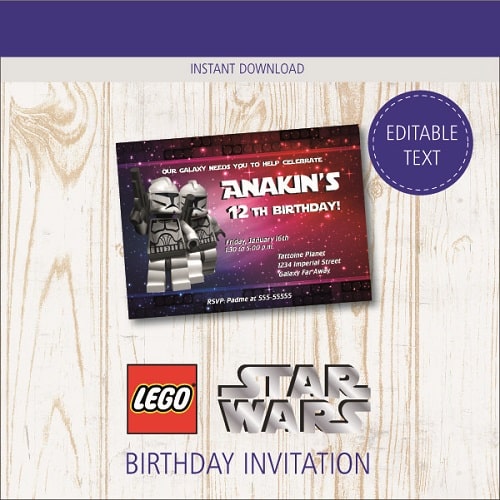 Free printable Lego Star Wars birthday Invitations
