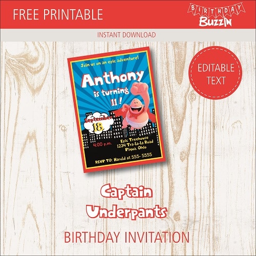 Free Printable Captain Underpants Birthday Party Invitations