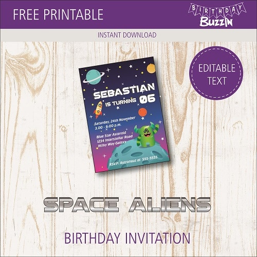 Free Printable Space Alien birthday party invitations