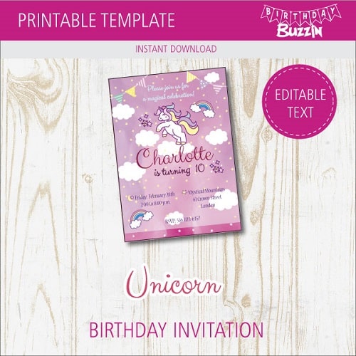 Free printable Rainbow Unicorn birthday Invitations
