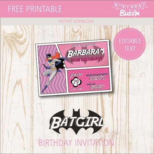 Free printable Batgirl birthday party Invitations