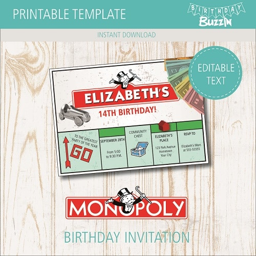 Free printable Monopoly Birthday Party Invitations