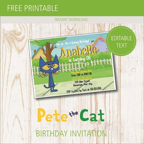 Free printable Pete the Cat birthday party Invitations
