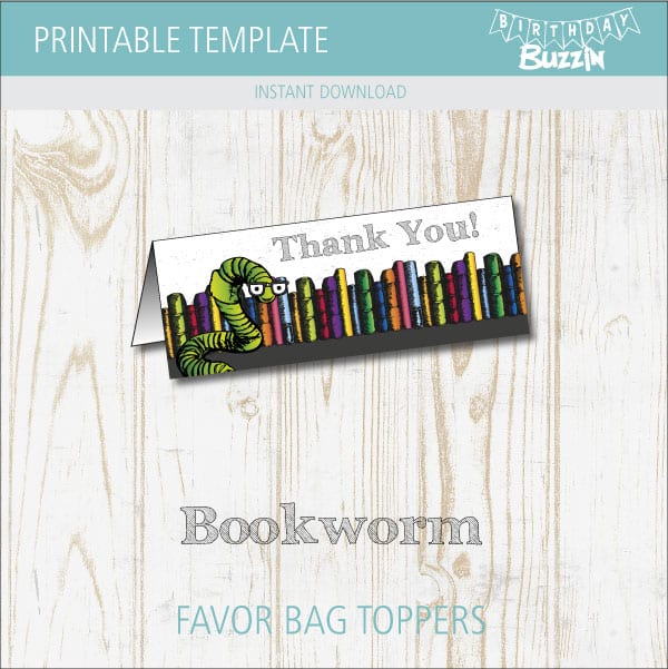 Printable Bookworm Favor Bag Toppers