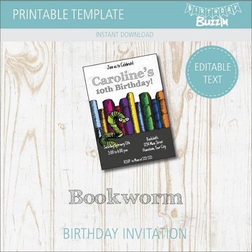 Printable Bookworm birthday party Invitations