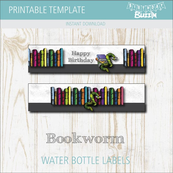 Printable Bookworm water bottle labels
