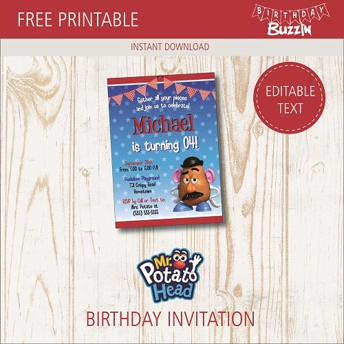 Free printable Mr Potato Head Birthday party Invitations