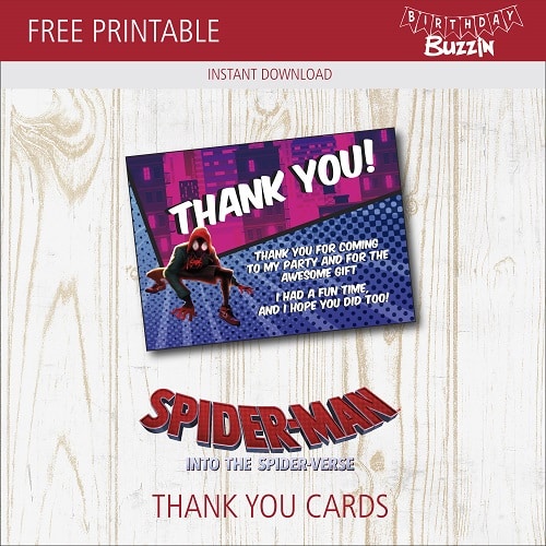 Free Printable Spider-man into the Spider-verse thank You Cards