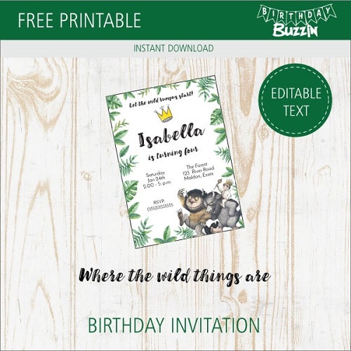 Free Printable Where the Wild Things Are birthday party Invitations