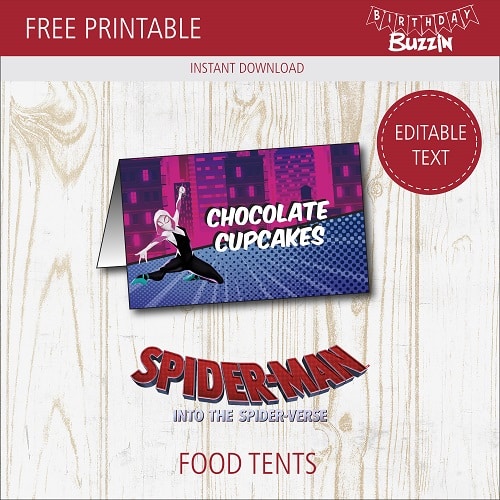 Free printable Spider-man into the Spider-verse Food tents