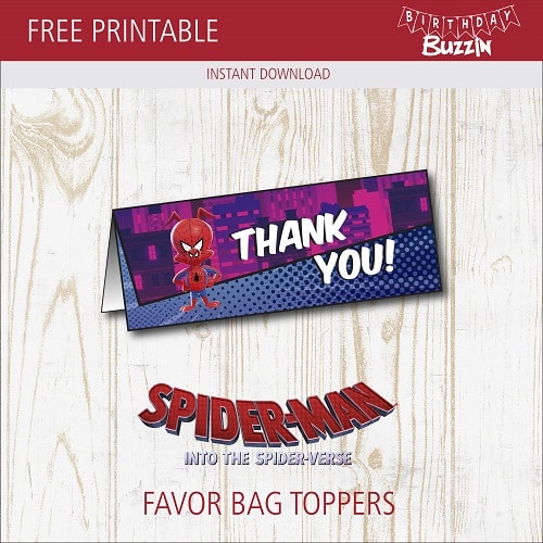 Free printable Spider-man into the Spiderverse Favor Bag Toppers