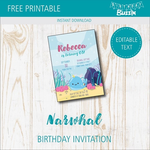 Free printable Narwhal Birthday Party Invitations