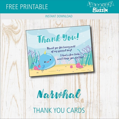 Free printable Narwhal Thank You Cards