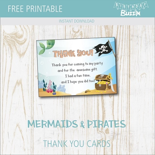 Free printable Mermaids and Pirates Thank You Cards