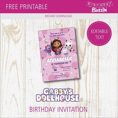 Free Printable Gabby's Dollhouse biirthday party Invitations
